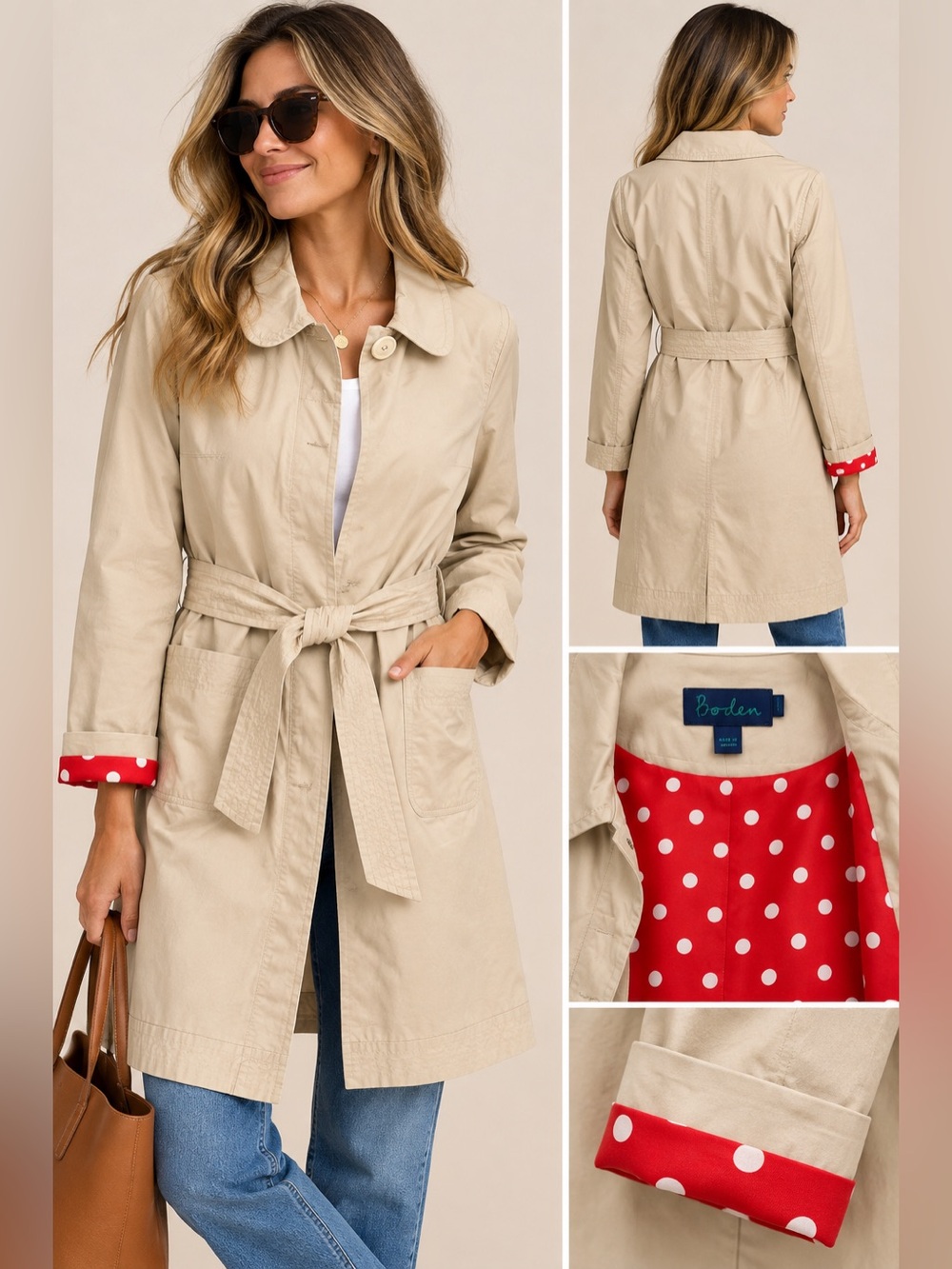 Boden Beige Trench Coat Size 10 Red Polka Dot Lined Belted Cottage Chic